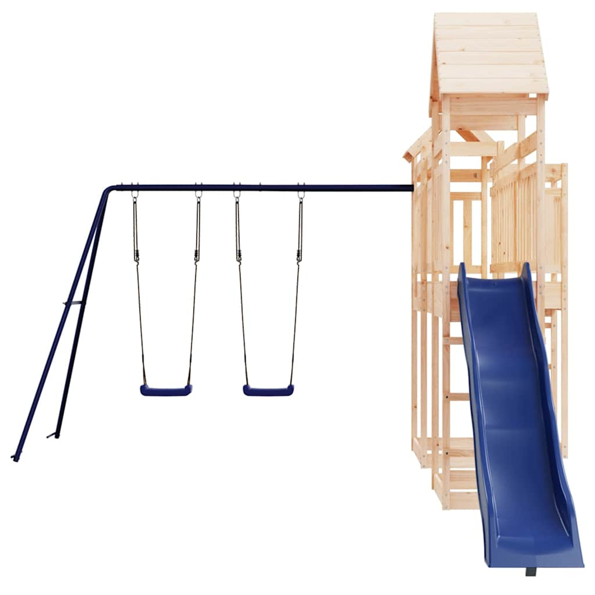 Ein hölzerner Spielturm mit Rutsche und zwei Schaukeln, vor weißem Hintergrund.