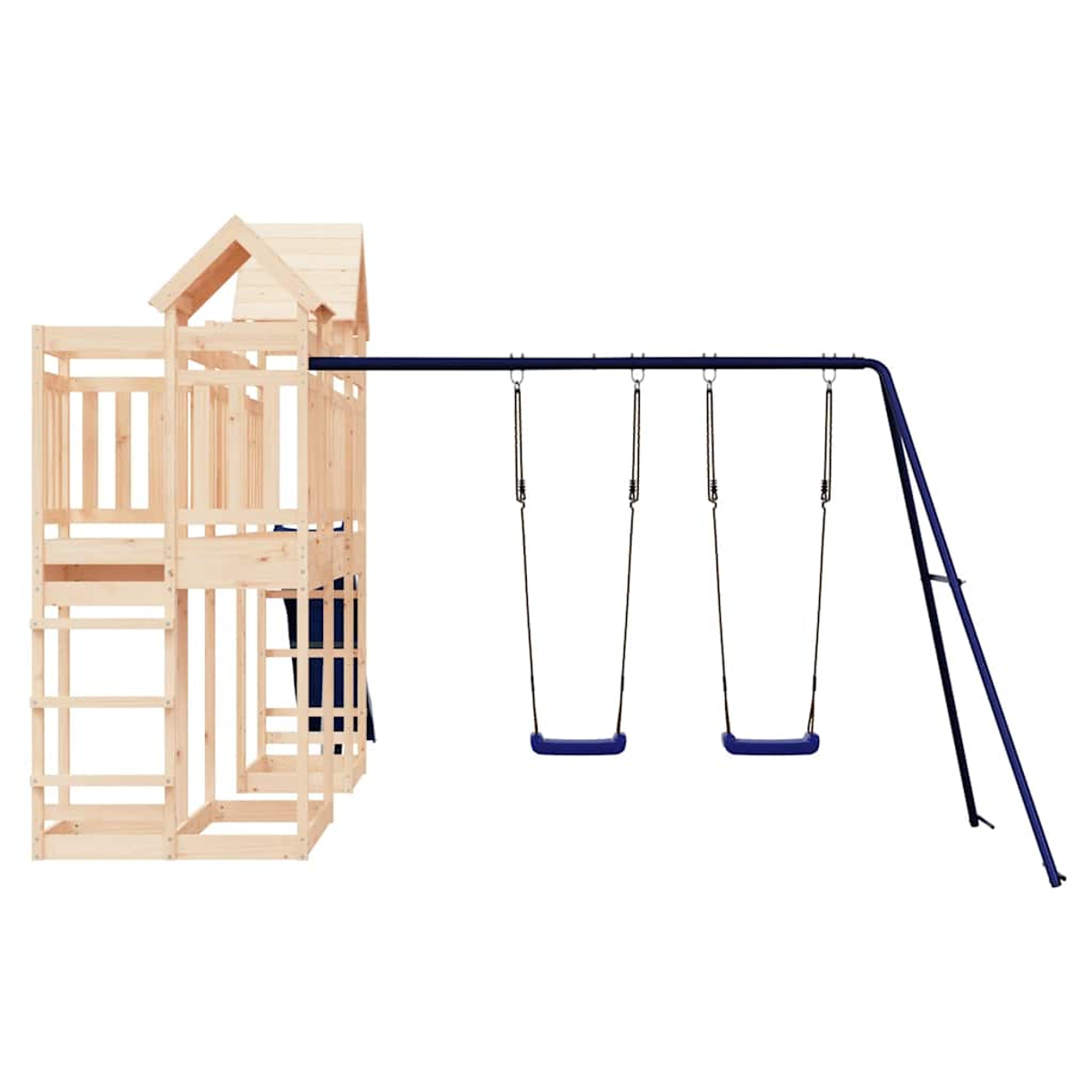 Holzspielturm mit zwei Schaukeln und blauem Sitz. Weißer Hintergrund.