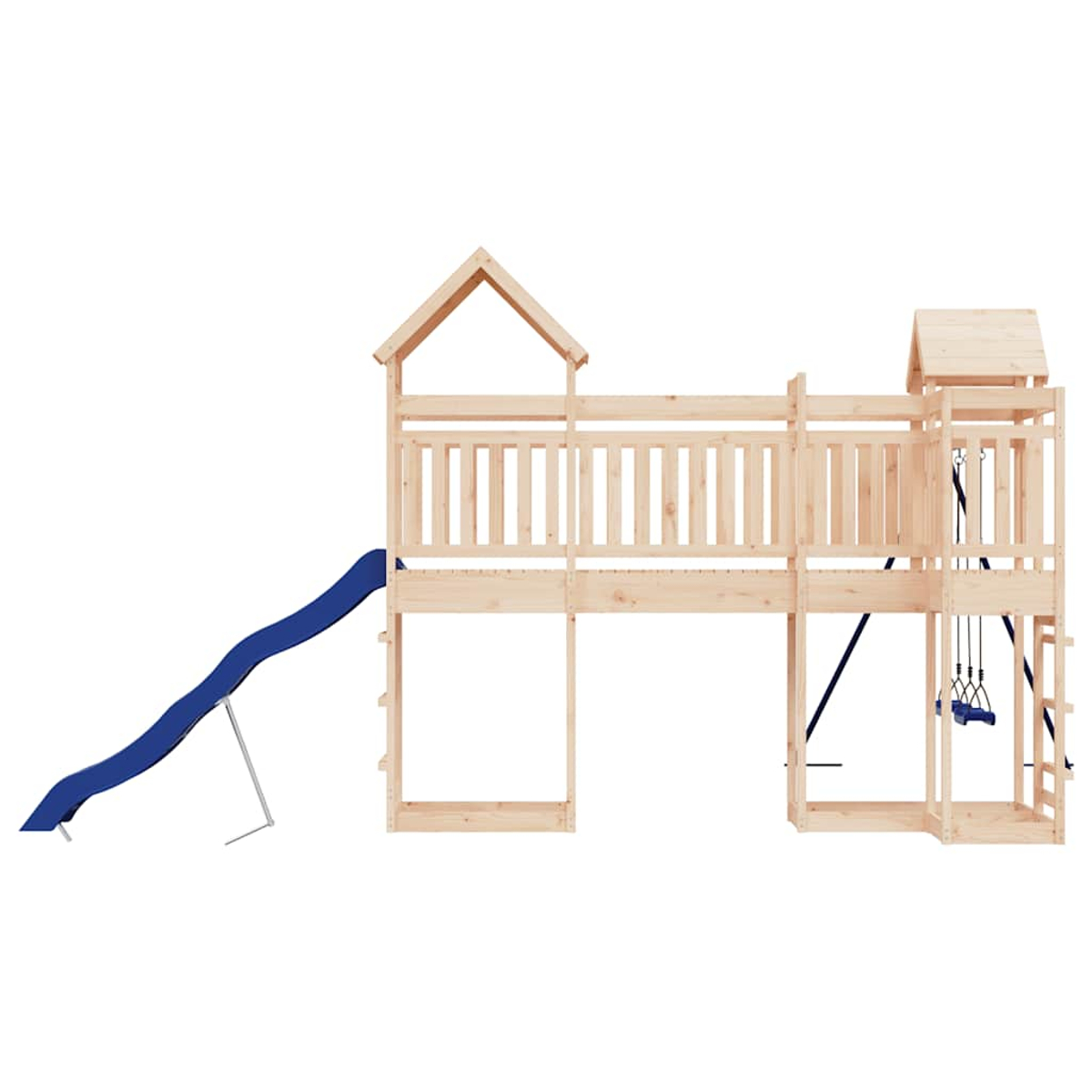 Holzspielturm mit Rutsche, Schaukel und Dach.