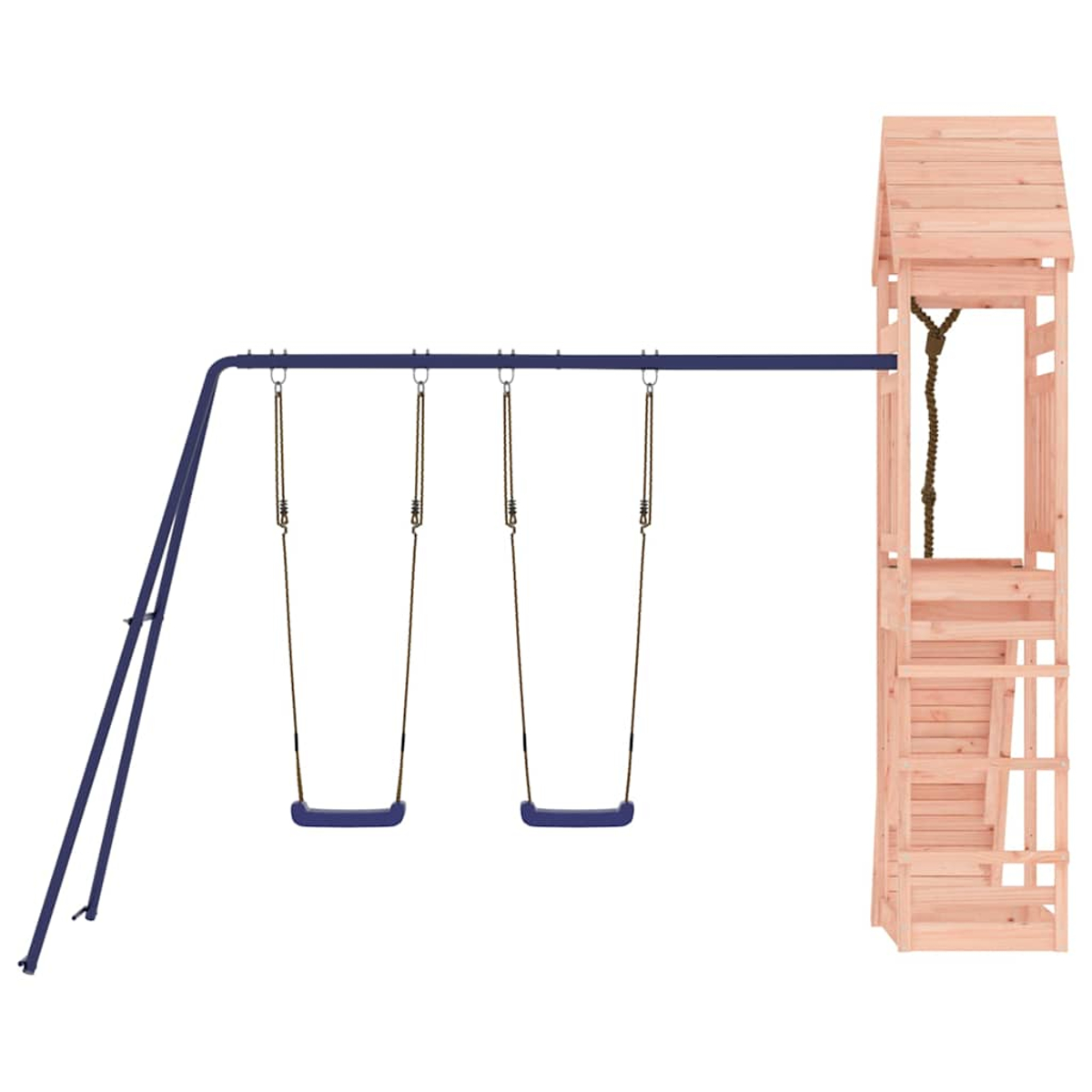 Ein Spielturm mit Schaukelgerüst und zwei blauen Schaukelsitzen.