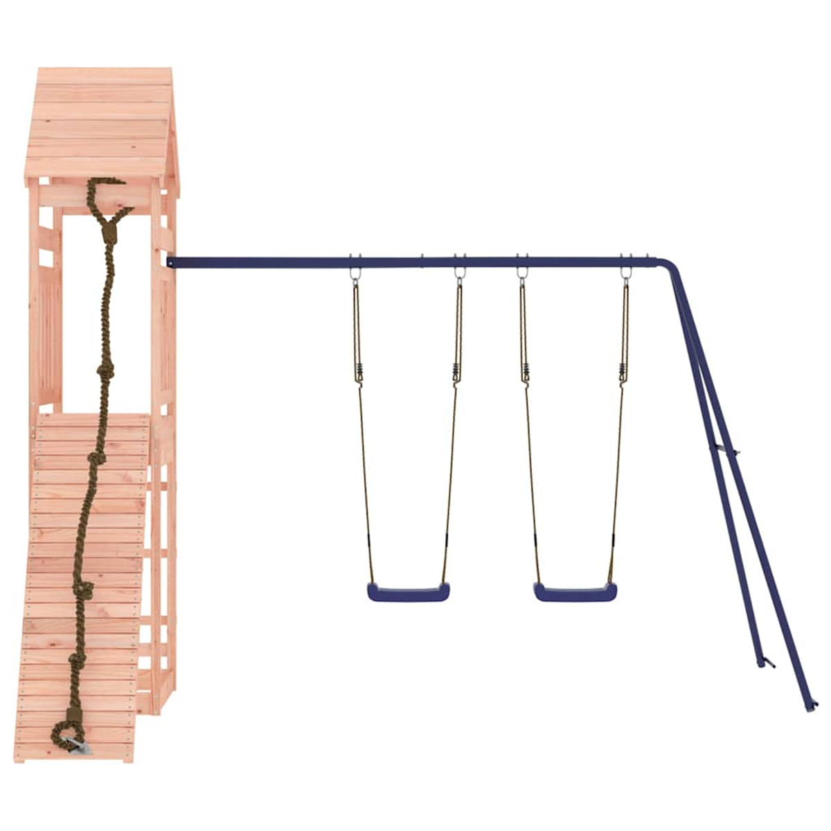 Holzspielturm mit Leiter, Kletterseil und blauer Schaukel an blauem Metallgestell.