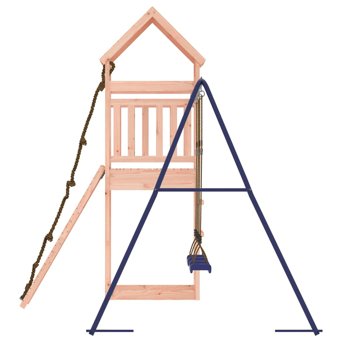 Holzspielturm mit Leiter, Schaukel und Dach.
