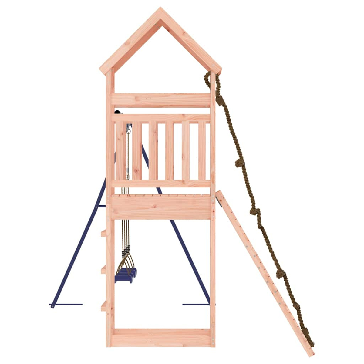 Ein hölzerner Spielturm mit einer Leiter, Schaukel und Strickleiter