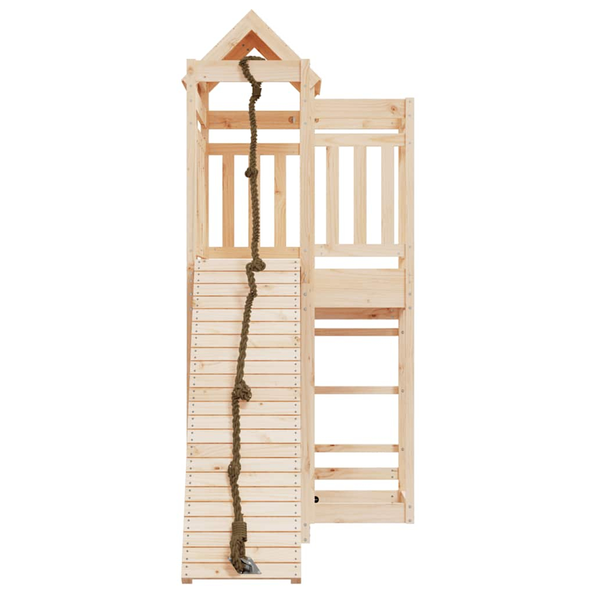 Ein hölzerner Spielturm mit Kletterseil und Leiter auf weißem Hintergrund.