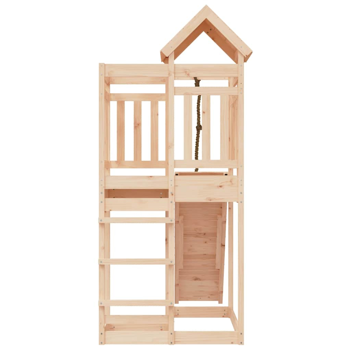 Ein hölzerner Spielturm mit Leiter, Rutsche und Seil.