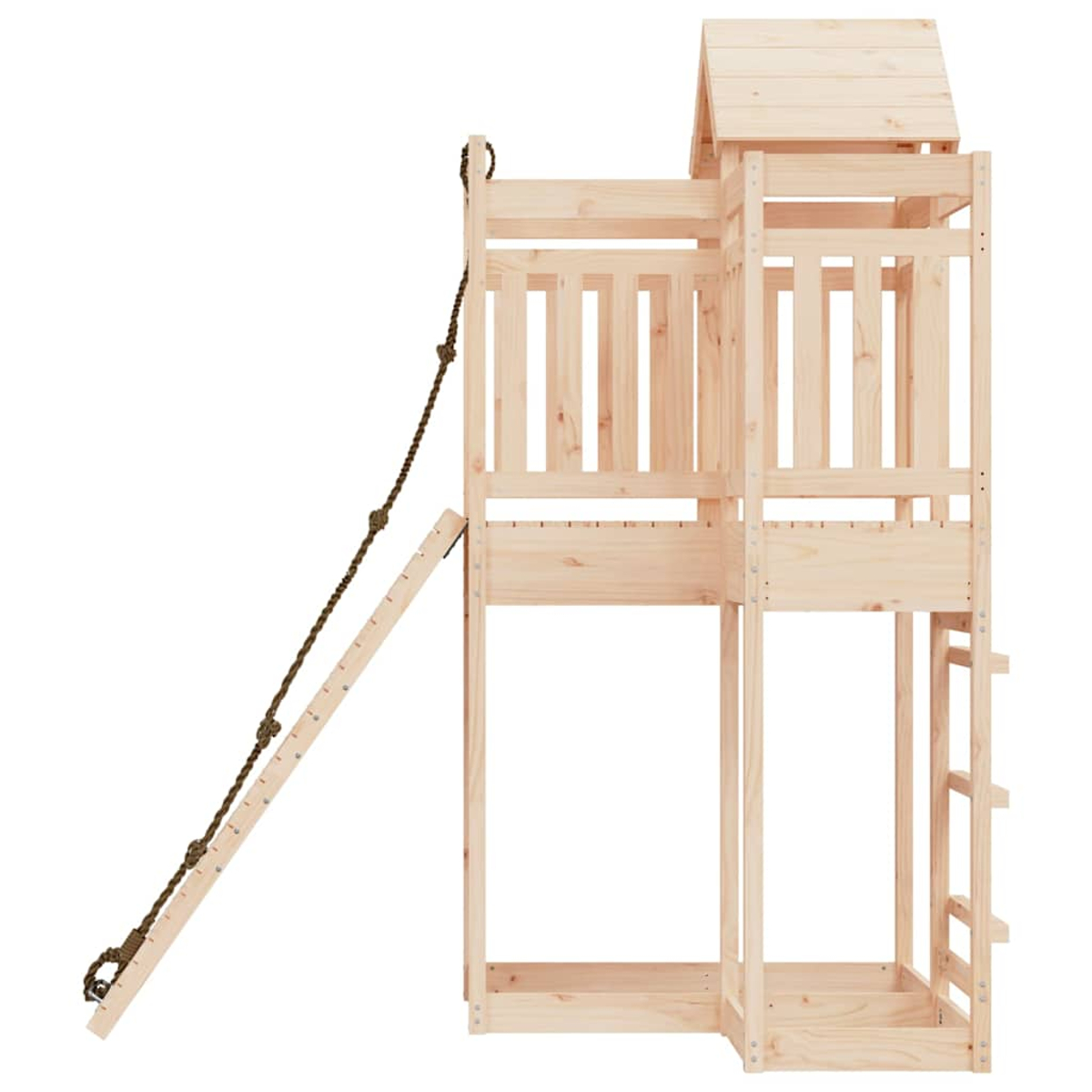 Holzhochbett mit Leiter, Seil und Dach.