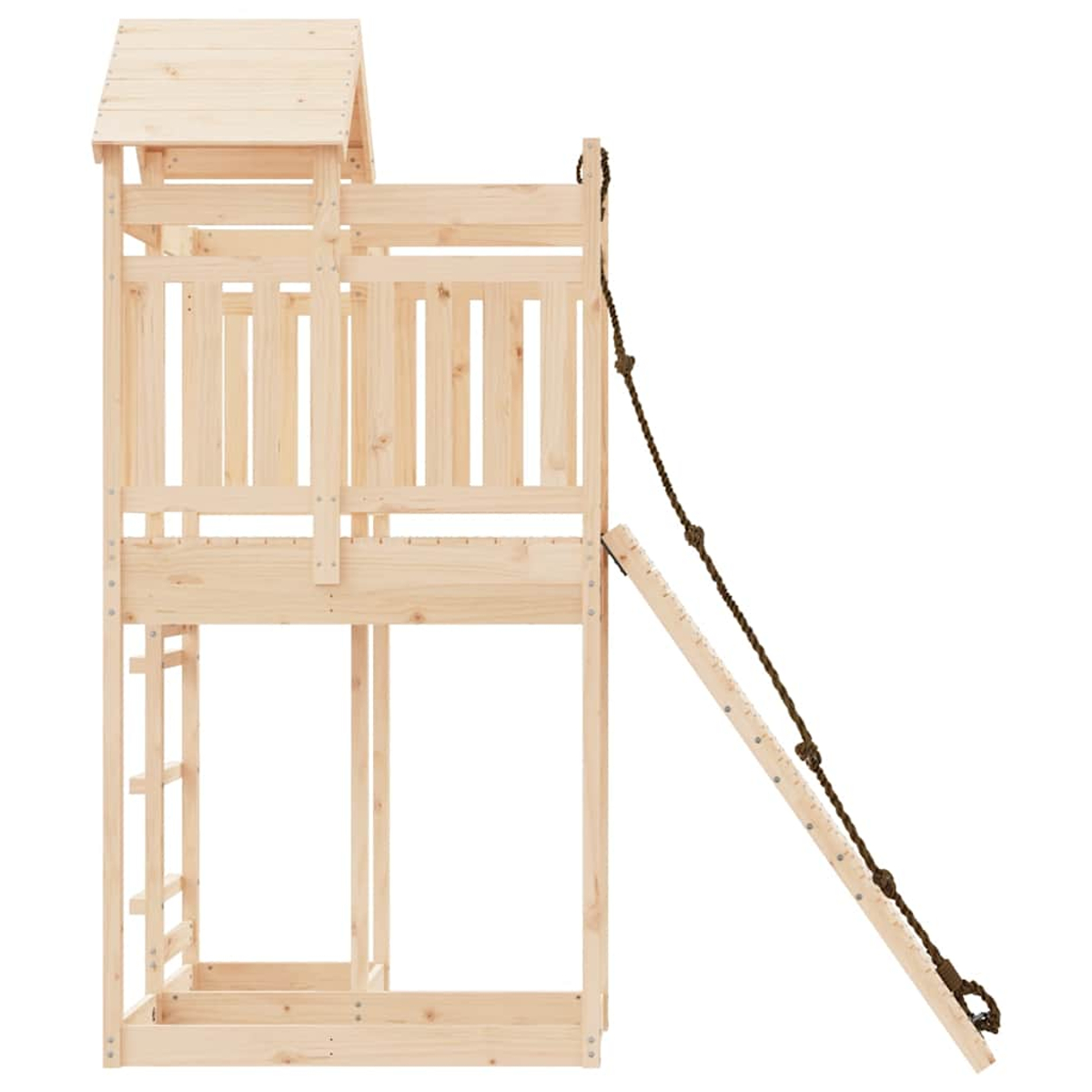 Holz-Hochbett mit Leiter und Strickleiter, weißer Hintergrund.