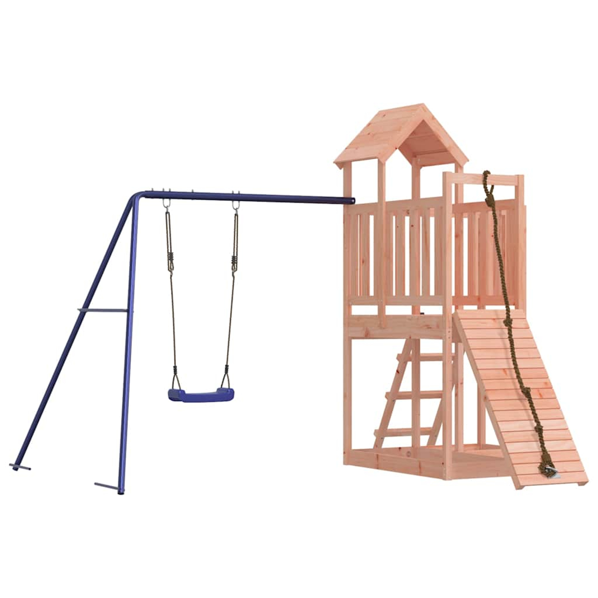 Ein hölzerner Spielturm mit Rutsche und Schaukelgestell aus blauem Metall.