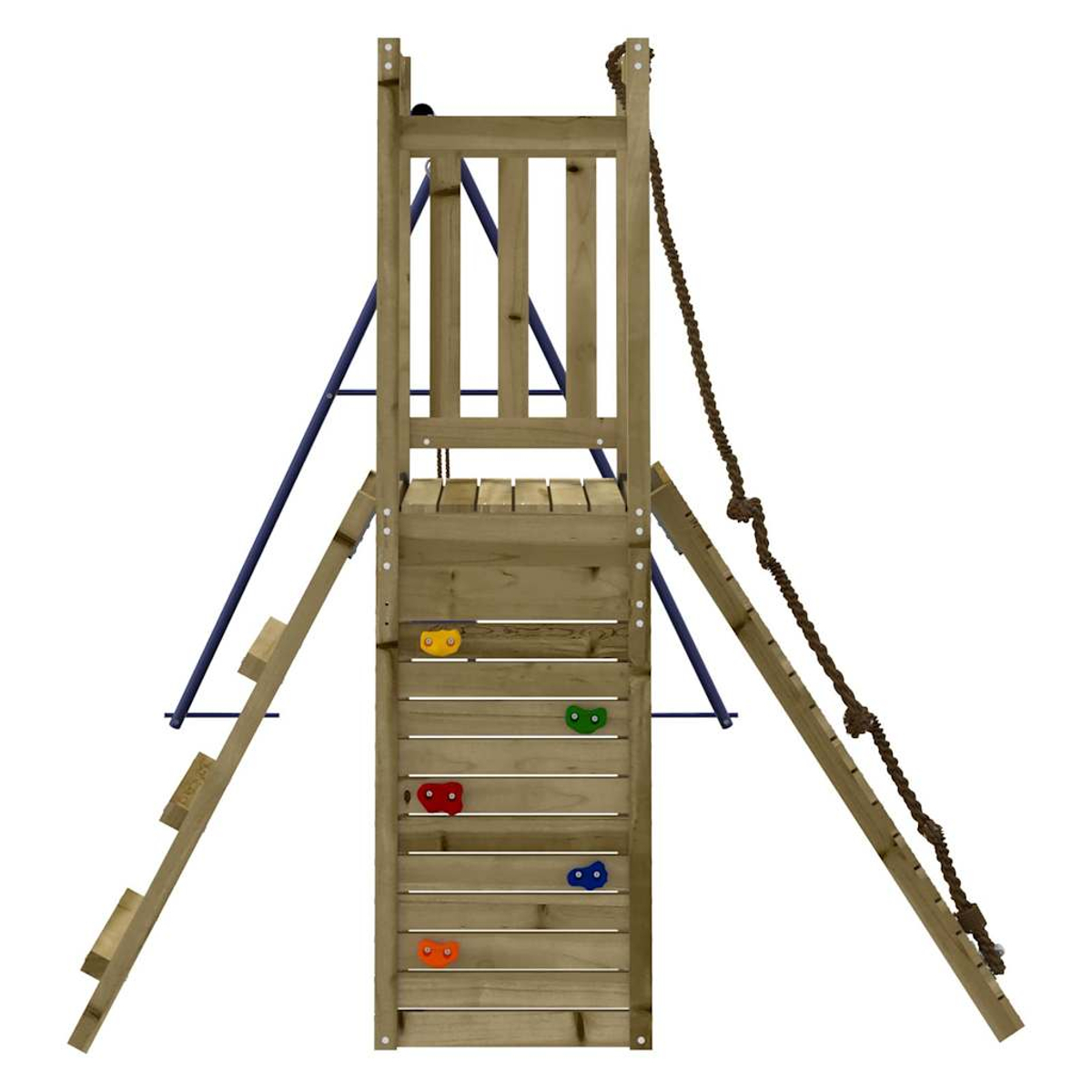 Ein Holzspielturm mit Kletterwand, Strickleiter und blauem Metallrahmen.