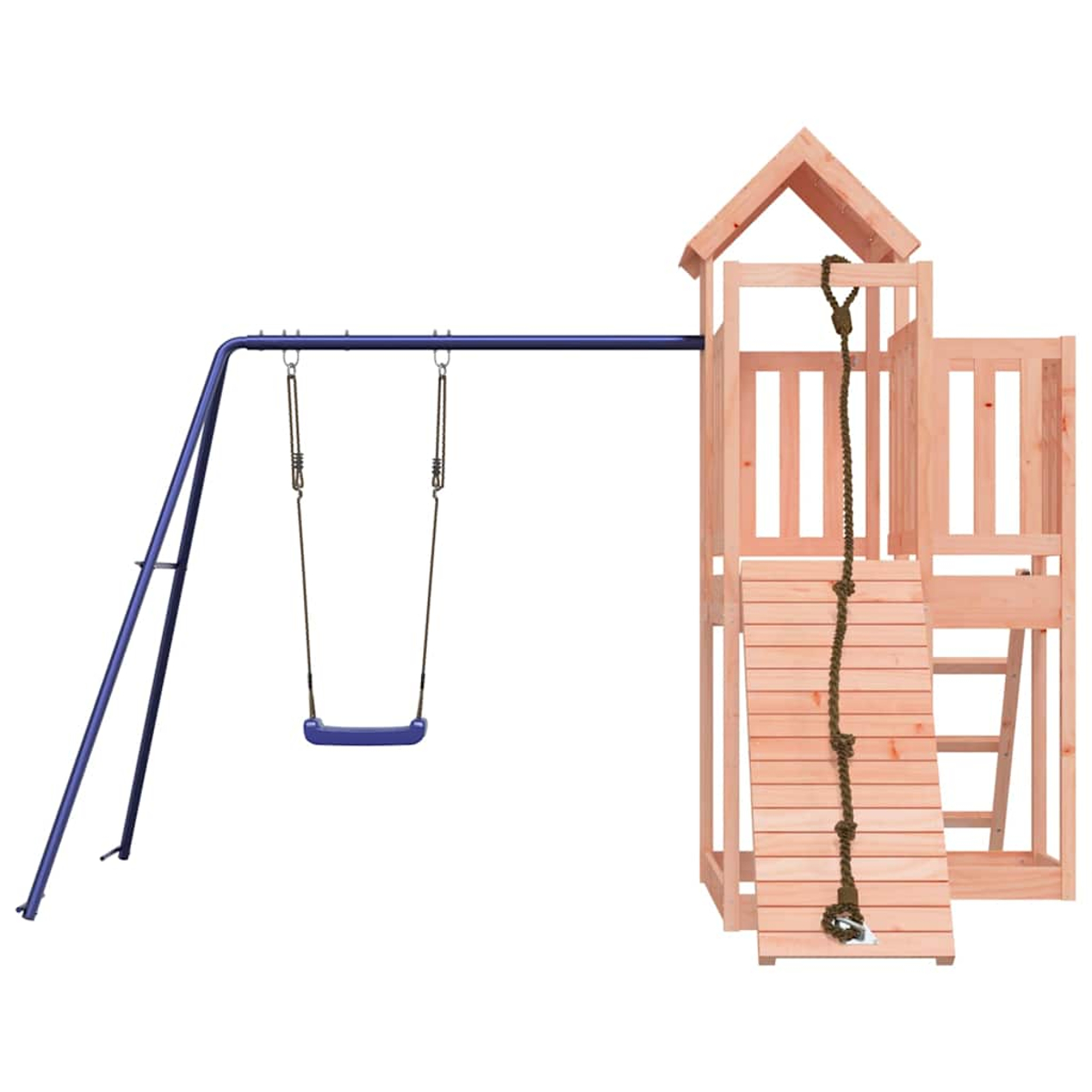 Holzspielturm mit Schaukel, Rutsche und Strickleiter auf weißem Hintergrund.