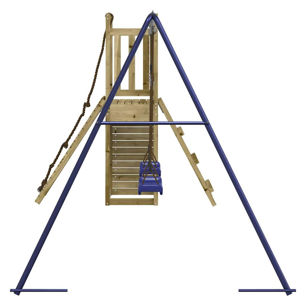 Ein Holzspielturm mit blauen Schaukeln und Seilleitern.
