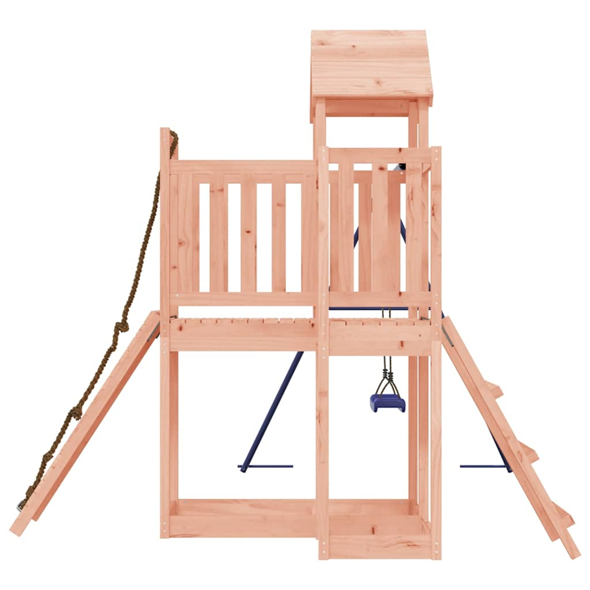 Ein hölzerner Spielturm mit Leiter, Schaukel und Seil. Weißer Hintergrund.