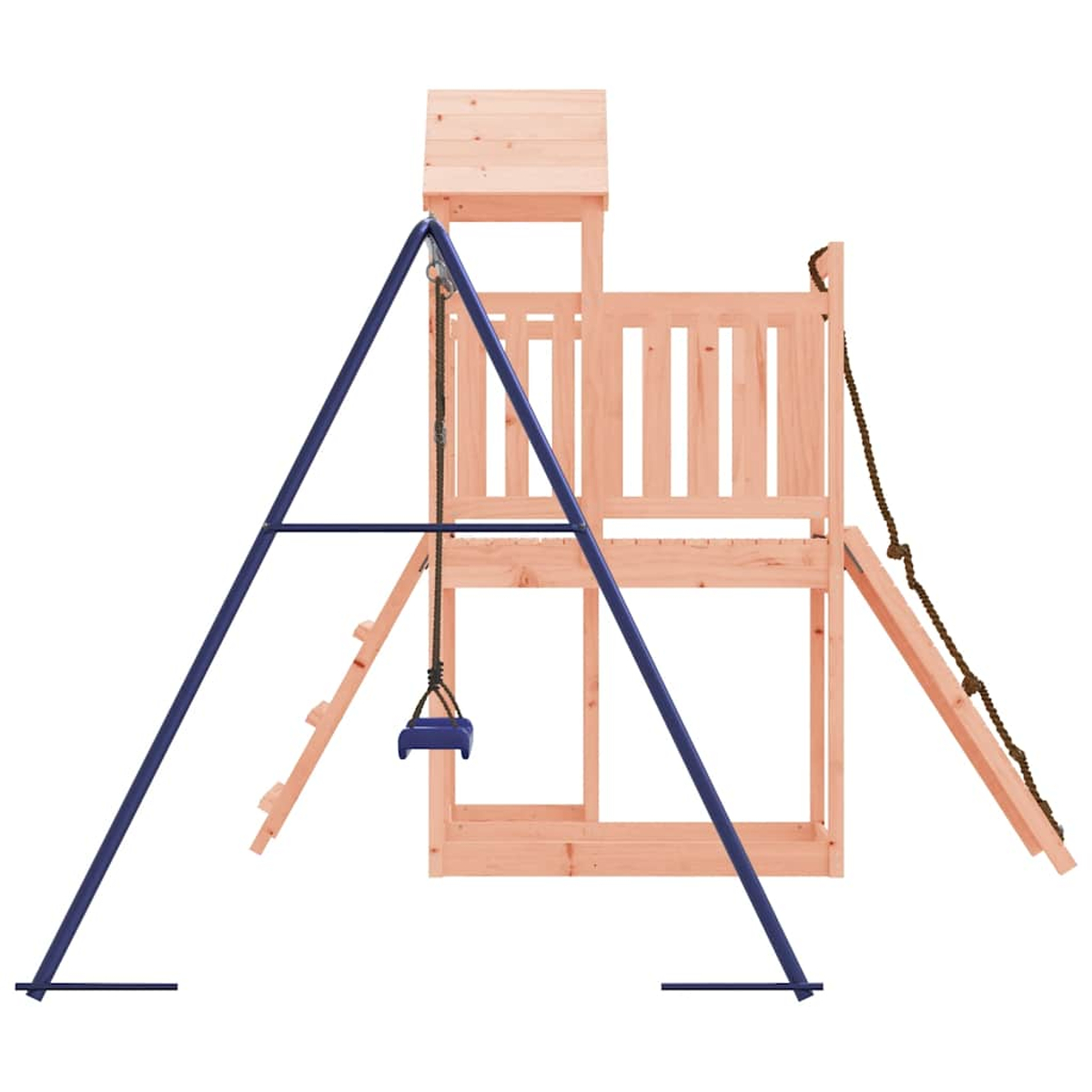 Ein Holzspielturm mit blauem Metallgestell, Schaukel und Strickleiter.
