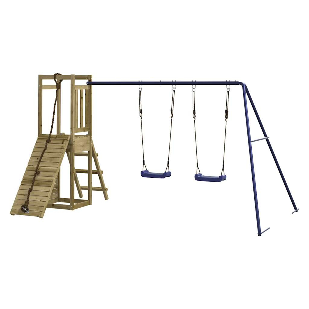 Ein hölzerner Spielturm mit Rutsche und Hängeseil, daneben eine blaue Schaukelkonstruktion mit zwei Schaukelsitzen.