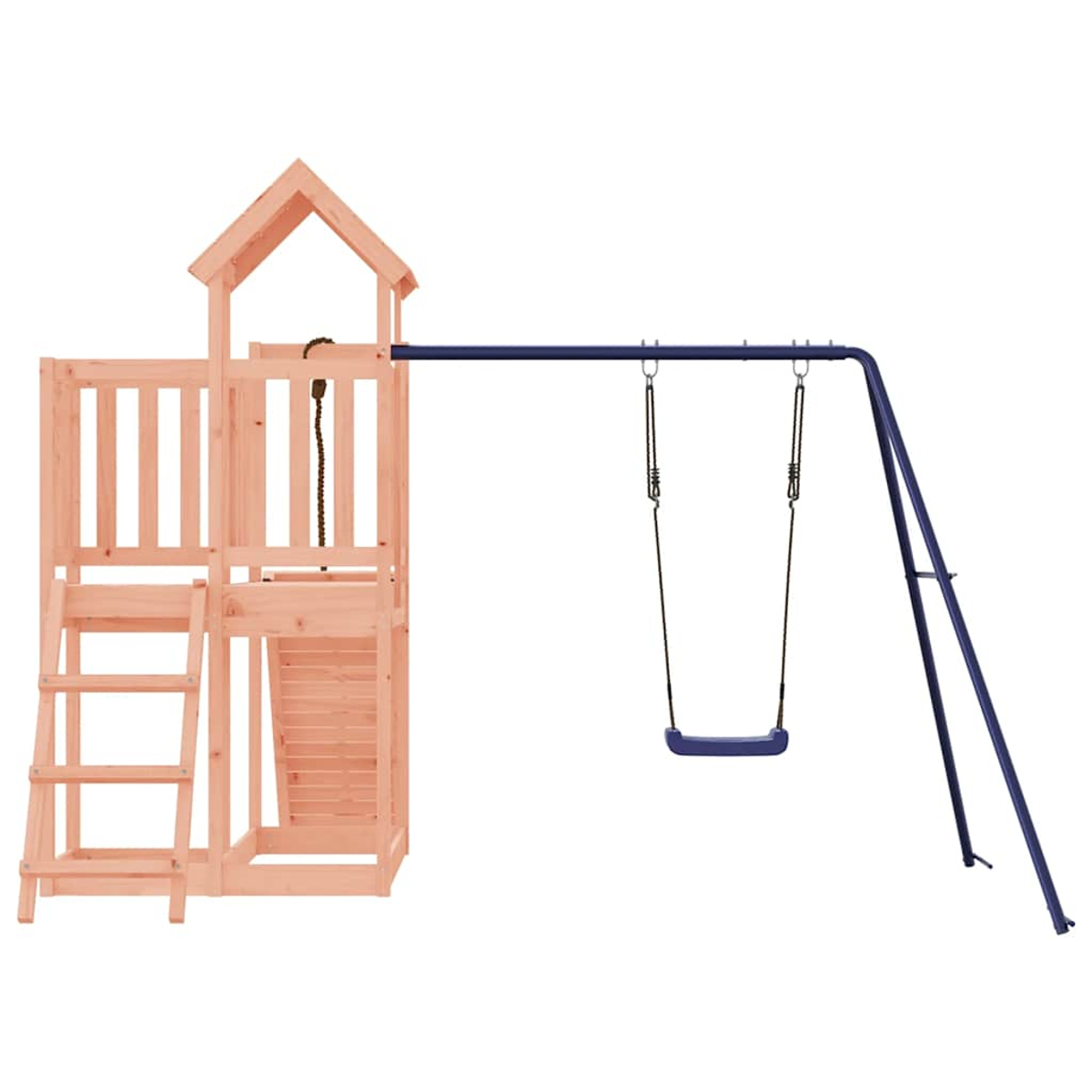 Holz-Spielturm mit Leiter und Schaukel.