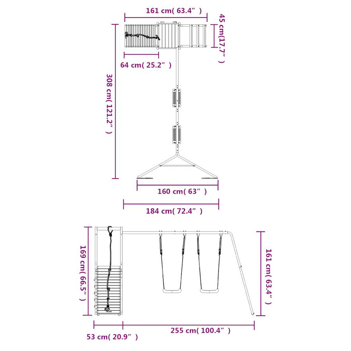 Diagramm einer Schaukelgarnitur mit Abmessungen. Draufsicht zeigt einen Kletterrahmen.