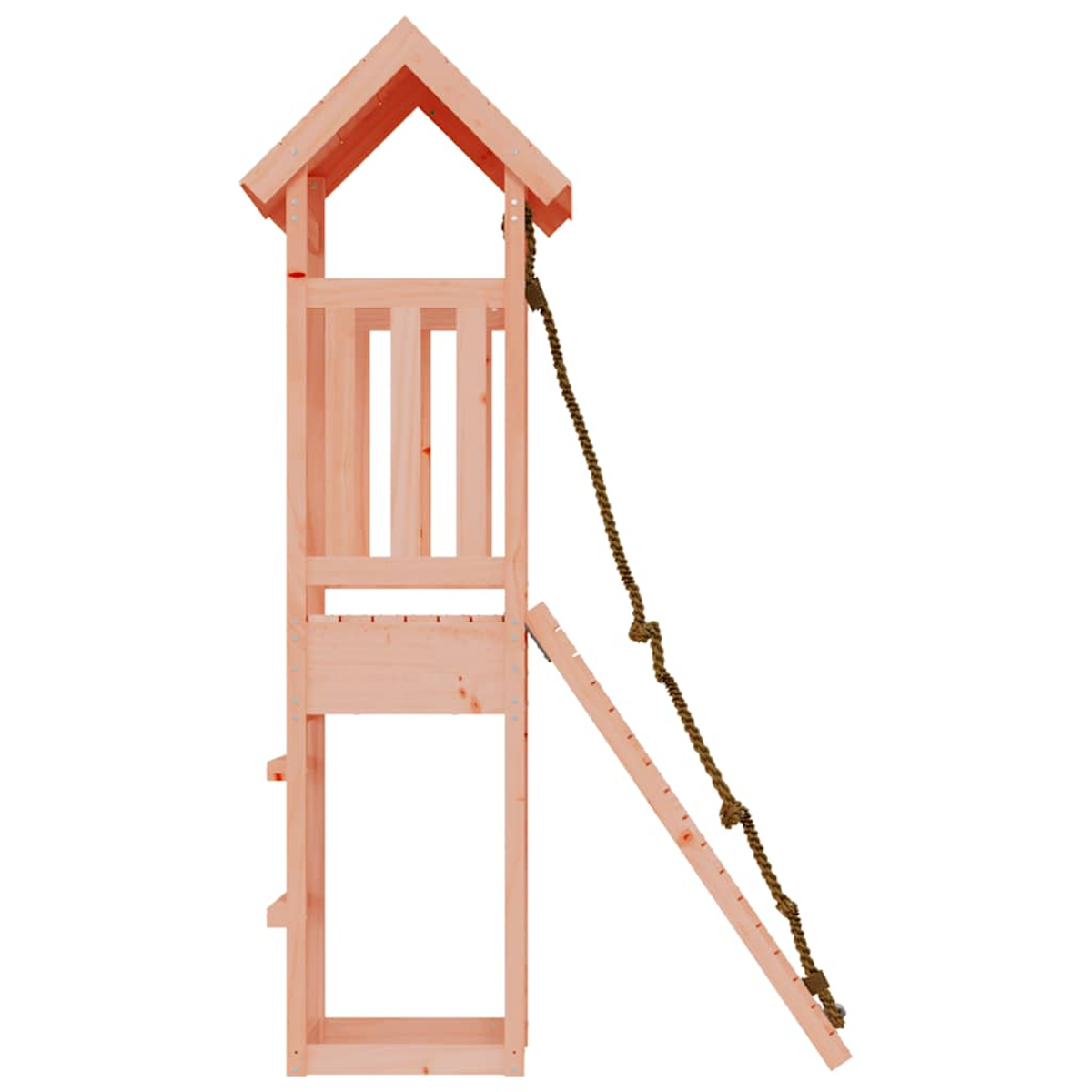 Holz-Spielturm mit Seil und Leiter auf weißem Hintergrund.