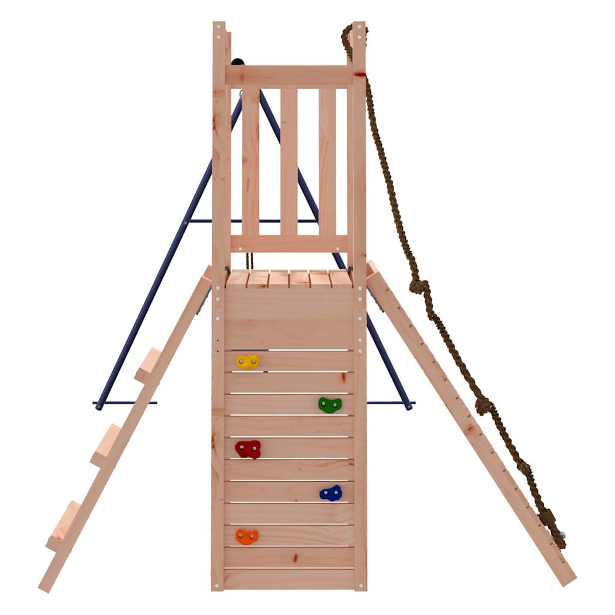 Holz-Spielturm mit Kletterwand, Leiter und Strick.