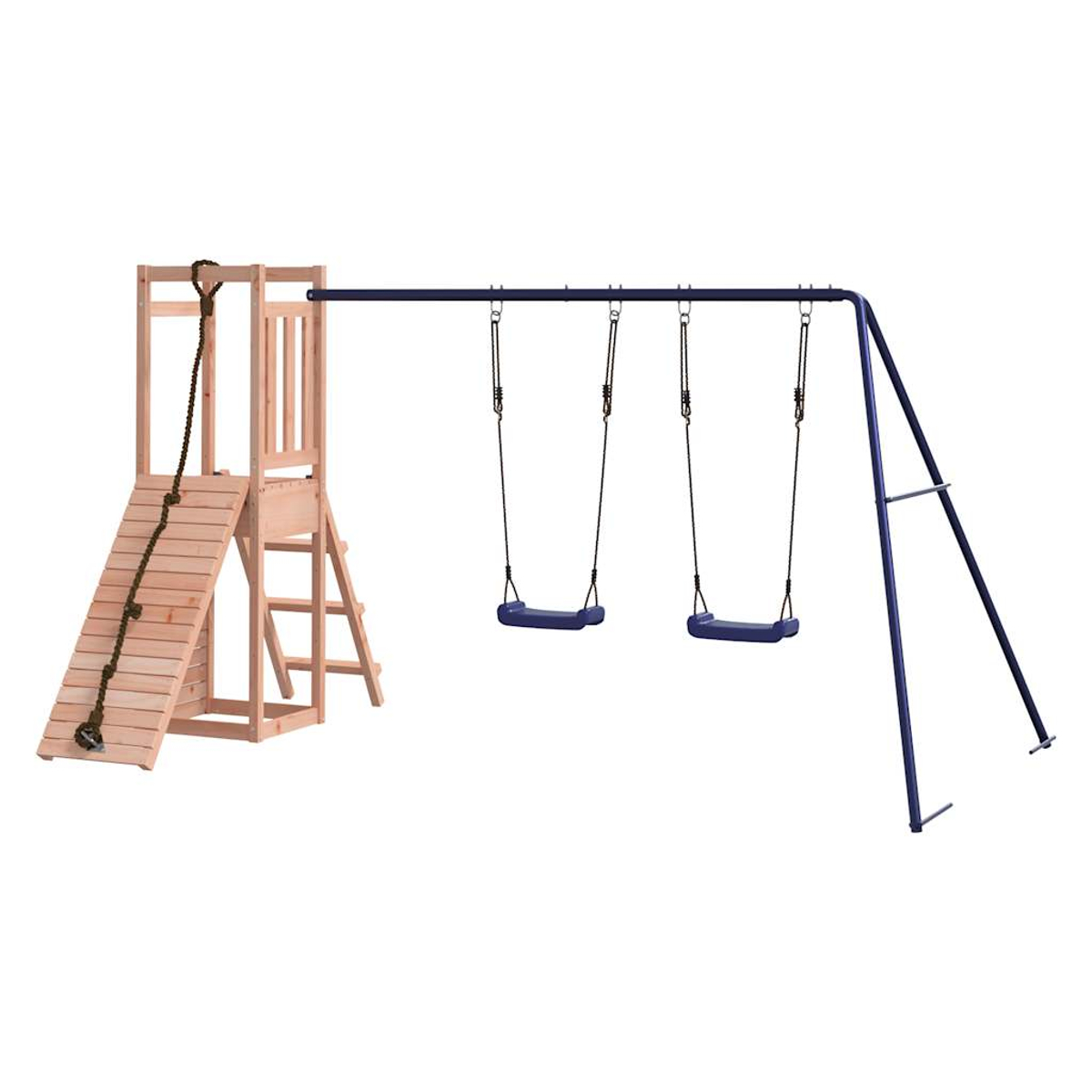 Hölzerne Spielstruktur mit Rutsche und Seil, plus eine blaue Metallschaukel mit zwei Schaukeln.