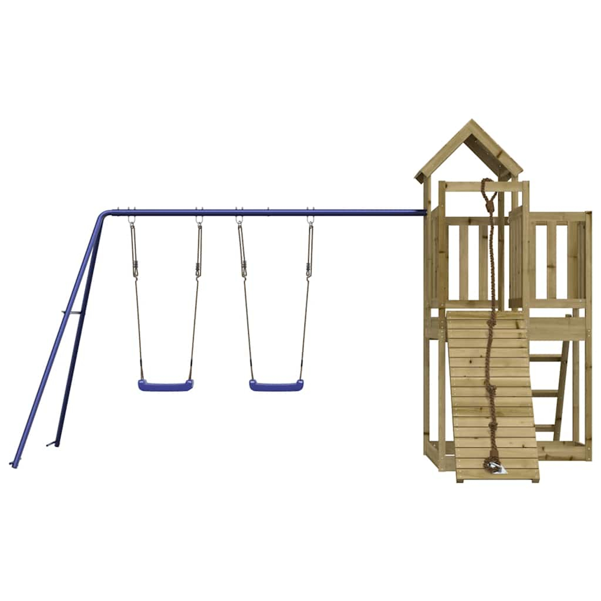 Ein hölzerner Spielturm mit Rutsche und zwei blauen Schaukeln an einem blauen Metallgestell.
