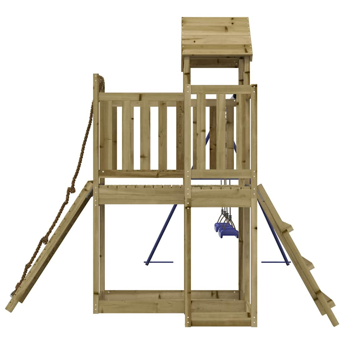 Holzspielplatz mit Strickleiter, Rutsche, Schaukel und Turm.