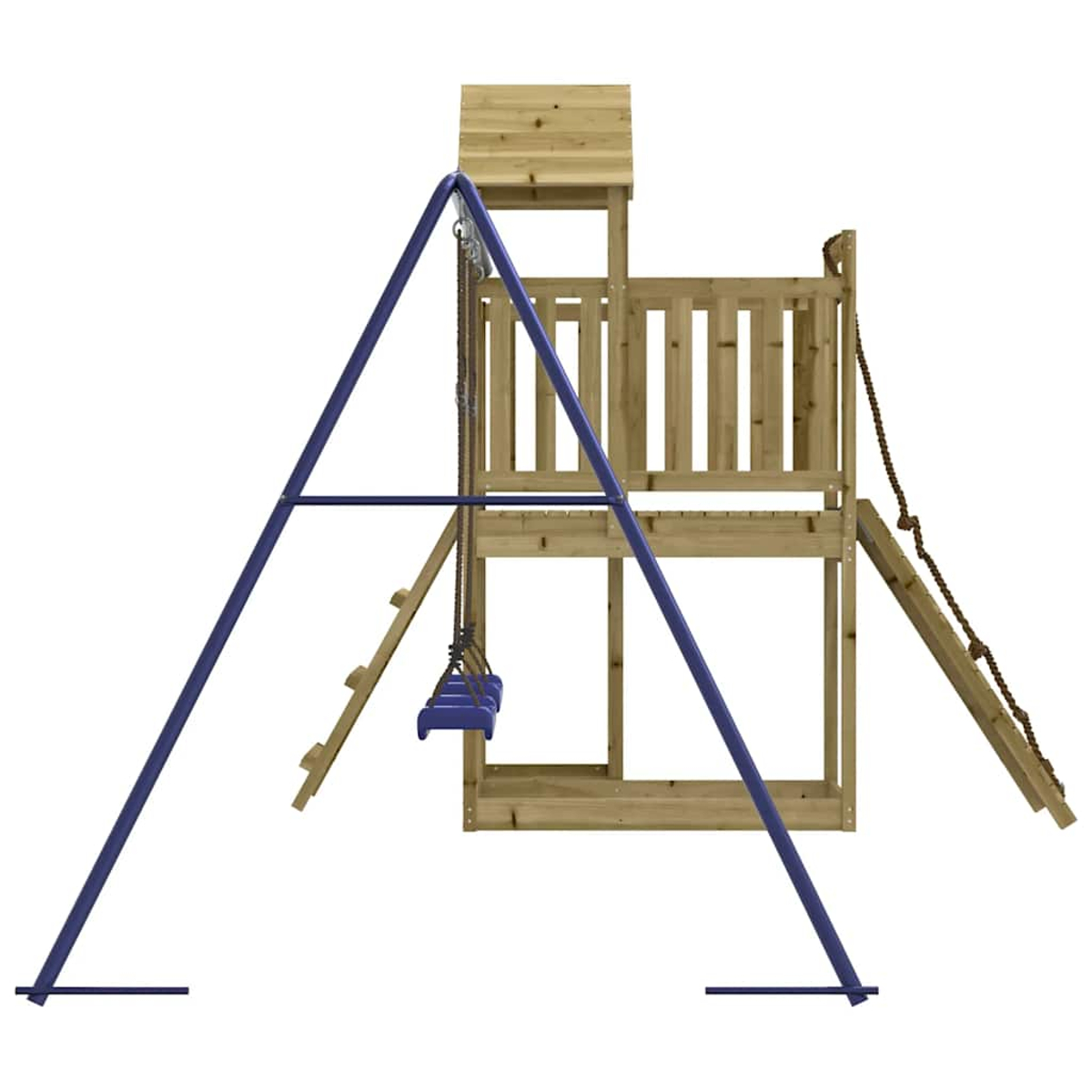 Ein Holzspielturm mit Schaukel, Leiter und Rutsche auf weißem Hintergrund.