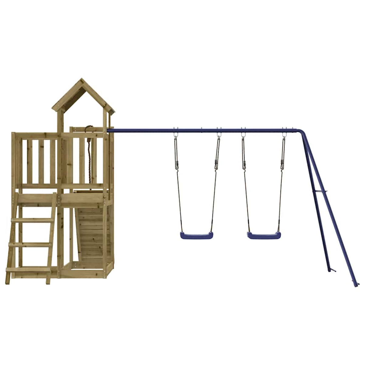 Holzspielturm mit Leiter und Schaukelgestell mit zwei blauen Schaukeln.