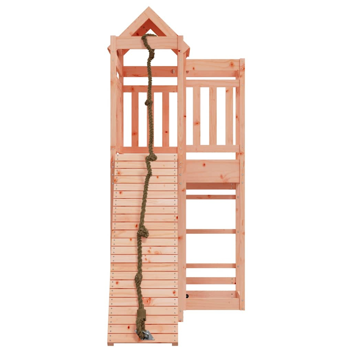 Holzspielturm mit Strickleiter und Sprossenwand.