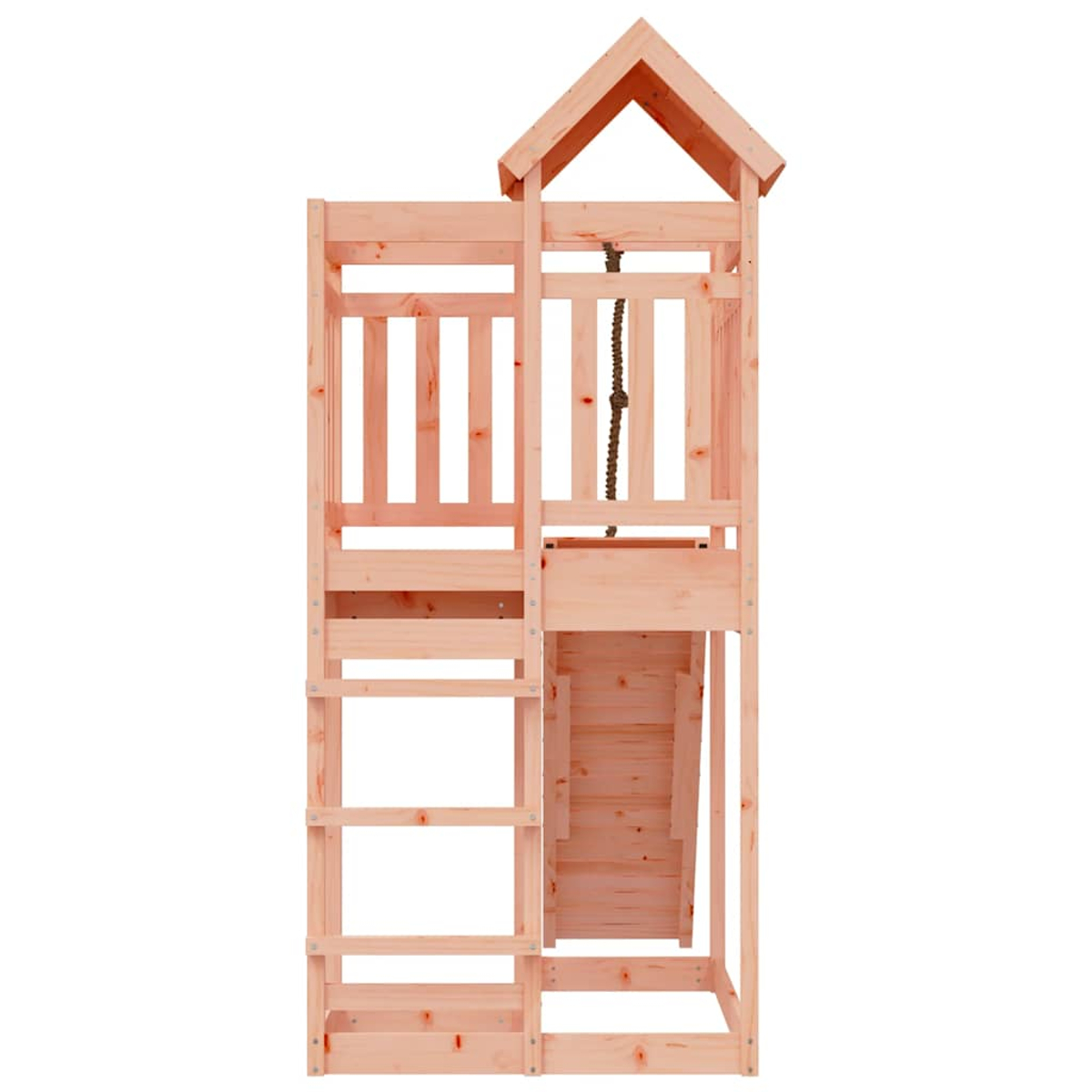 Holz-Spielturm mit Leiter, Rutsche und Dach. Inklusive Seil. Weißer Hintergrund.