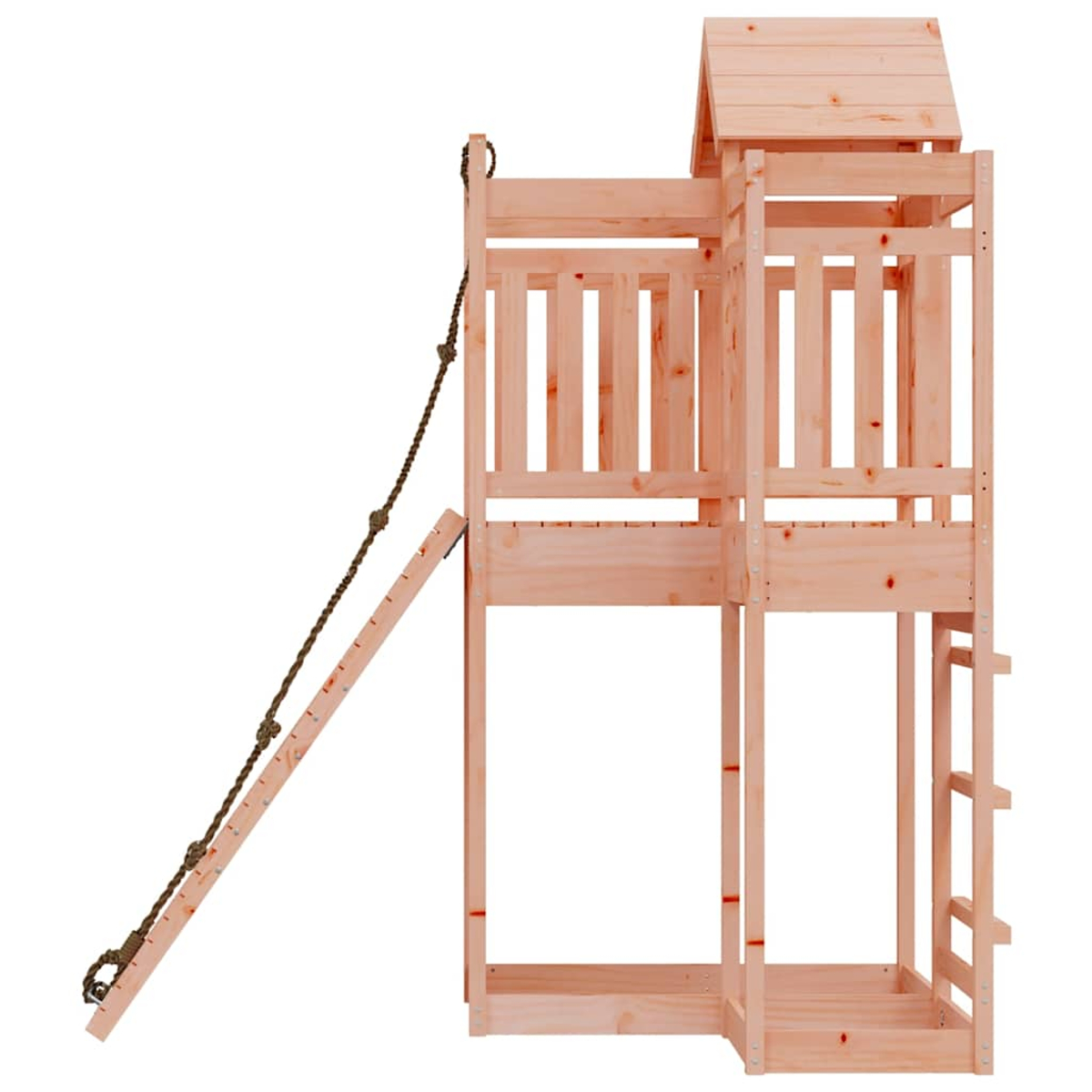 Holz-Hochbett mit Leiter und Strick, weißer Hintergrund.