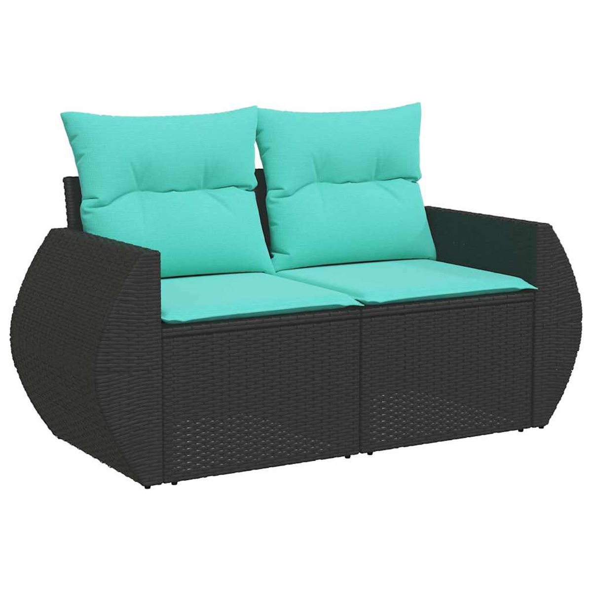Ein schwarzes Rattansofa mit zwei helltürkisen Sitzkissen und zwei Rückenkissen.