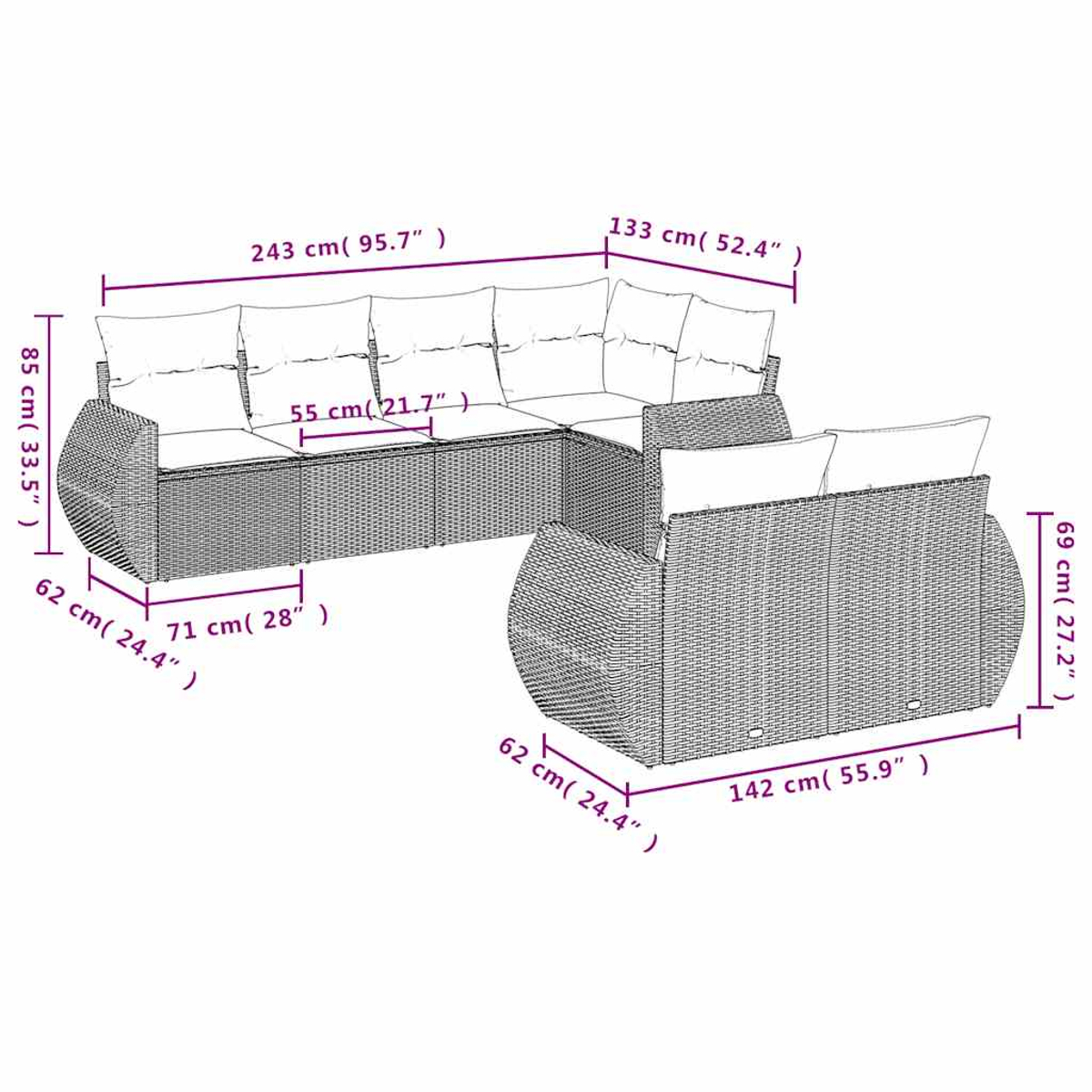 Ein graues Rattan-Ecksofa mit weißen Kissen, Maße sind angegeben.