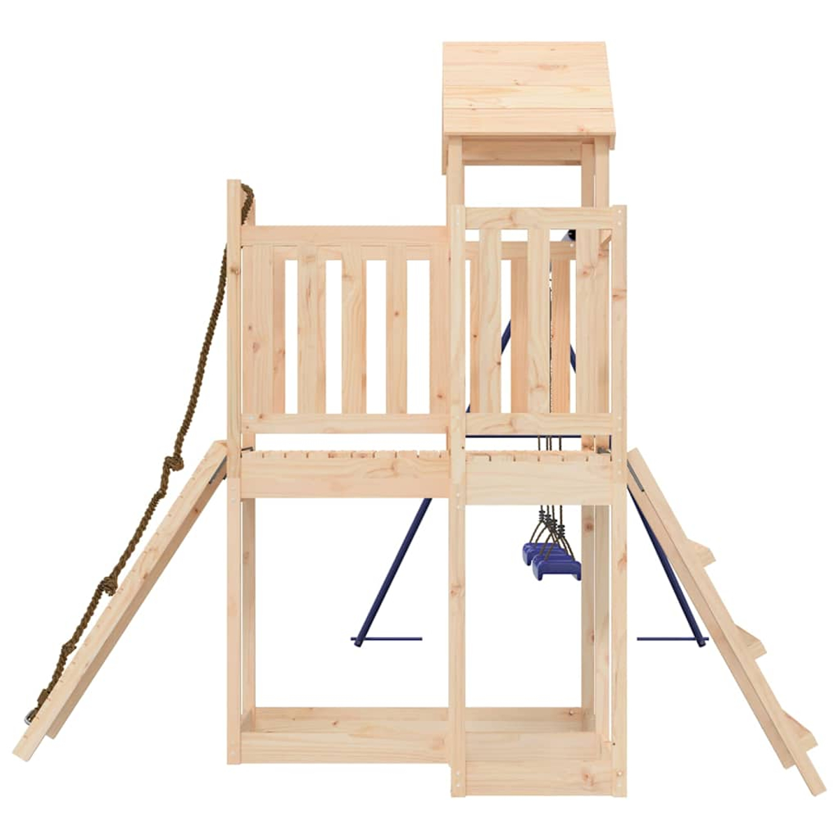 Holz-Spielturm mit Schaukel, Leiter und Seil.