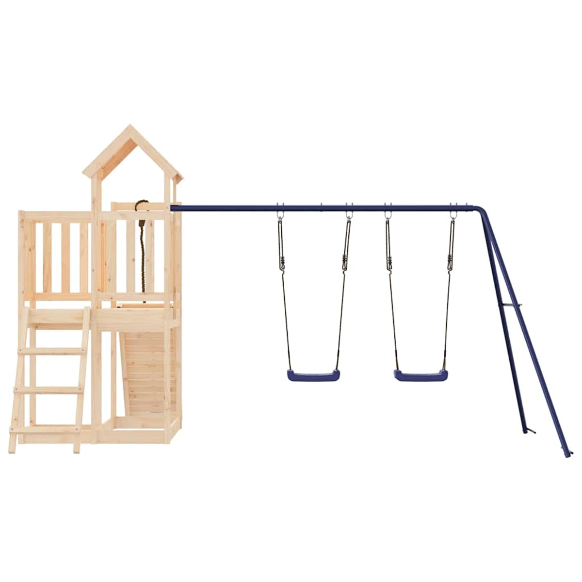 Holzspielturm mit blauen Schaukelsitzen an einem dunkelblauen Metallgestell.