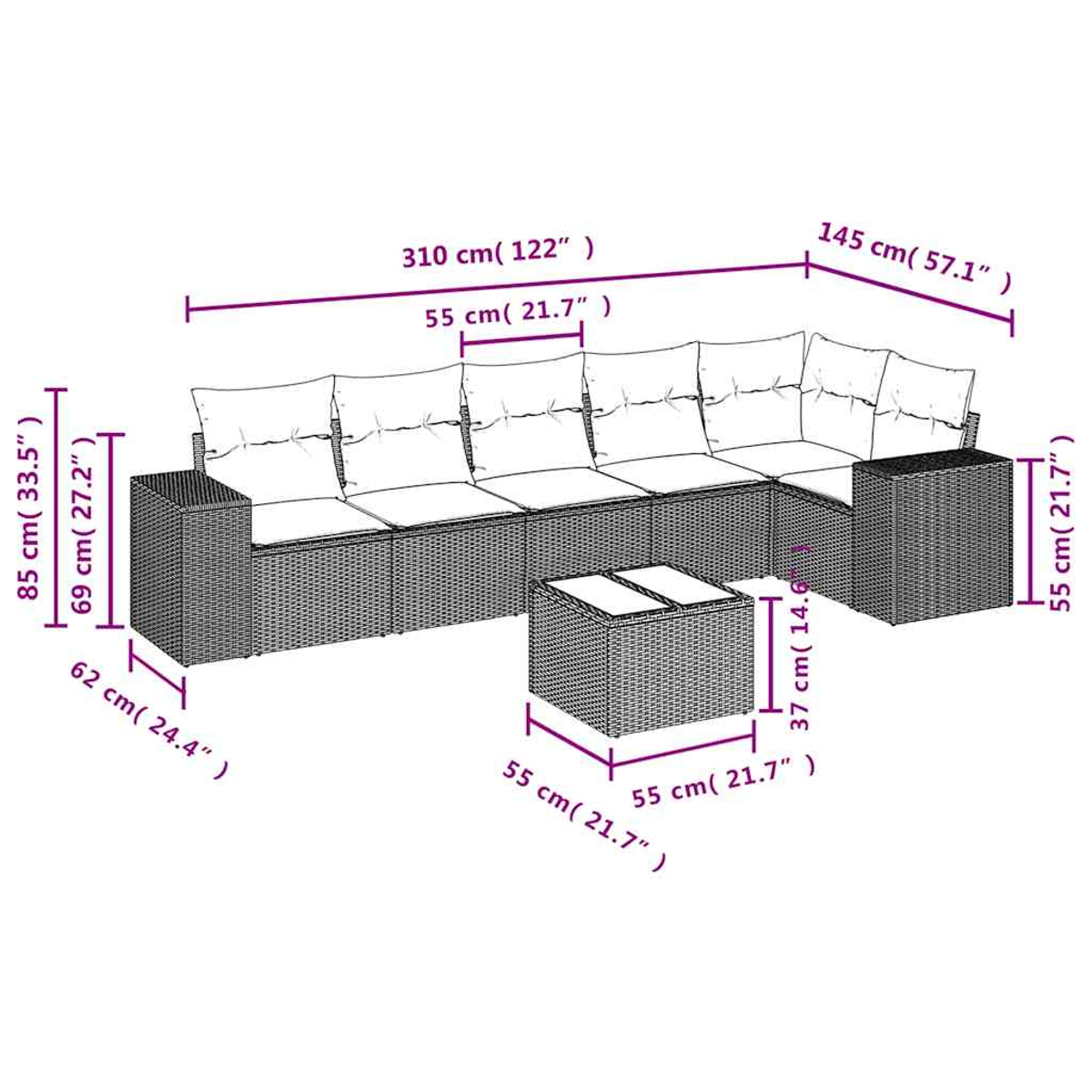 Ein modulares Outdoor-Sofa mit Kaffeetisch und Maßen.
