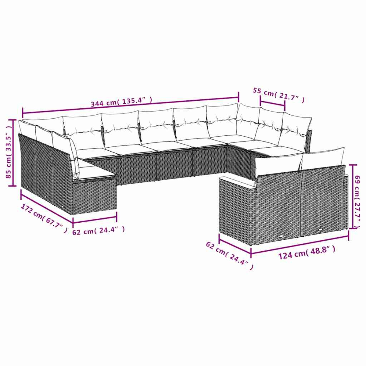 Ein modulares Outdoor-Sofa mit beigen Kissen, mit Beschriftung der Maße.
