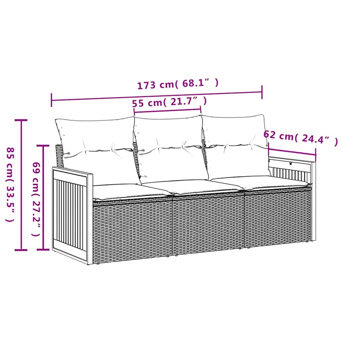 Ein 3-Sitzer-Sofa aus Rattan mit weißen Kissen. Maße: 173x62x85 cm.