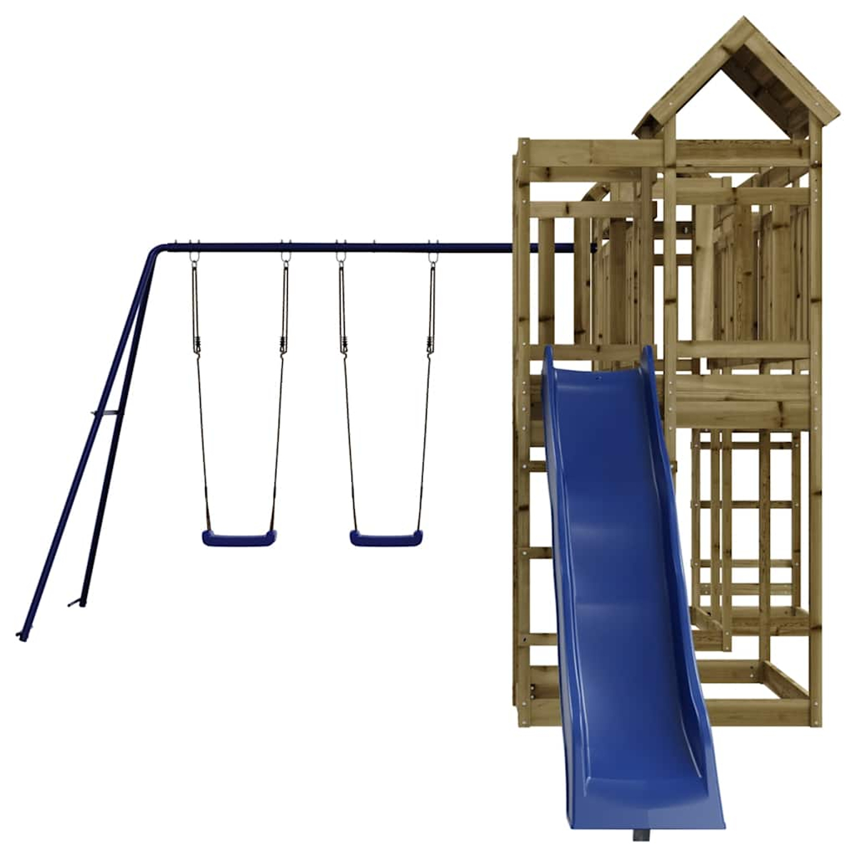Ein hölzerner Spielturm mit zwei Schaukeln und einer blauen Rutsche.