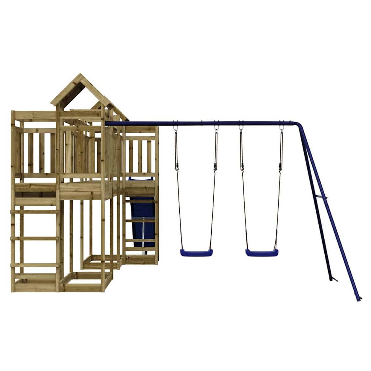 Holzspielturm mit Leiter, Rutsche und zwei blauen Schaukeln.
