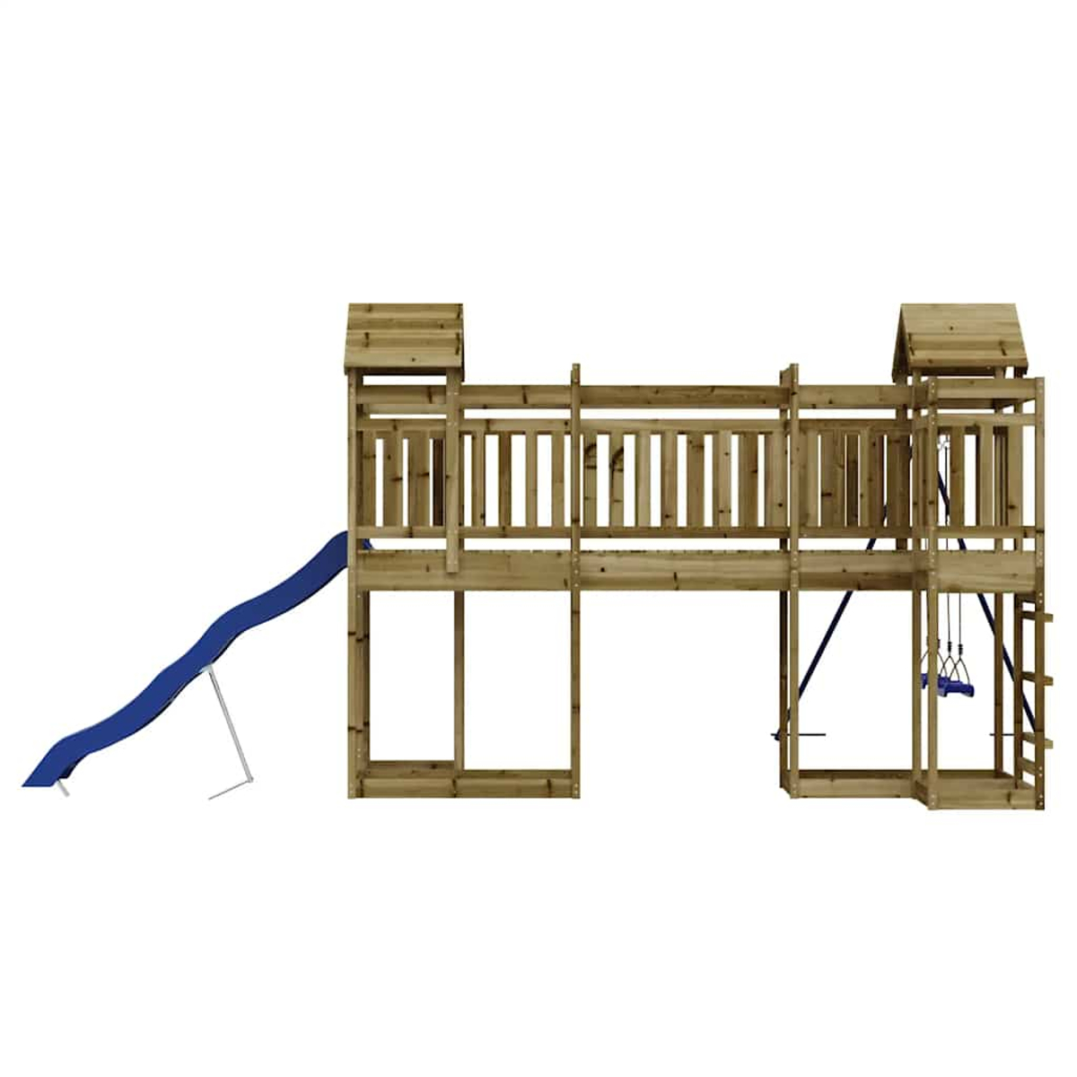 Holzspielturm mit Rutsche, Schaukel, Brücke und zwei kleinen Dachhäusern.
