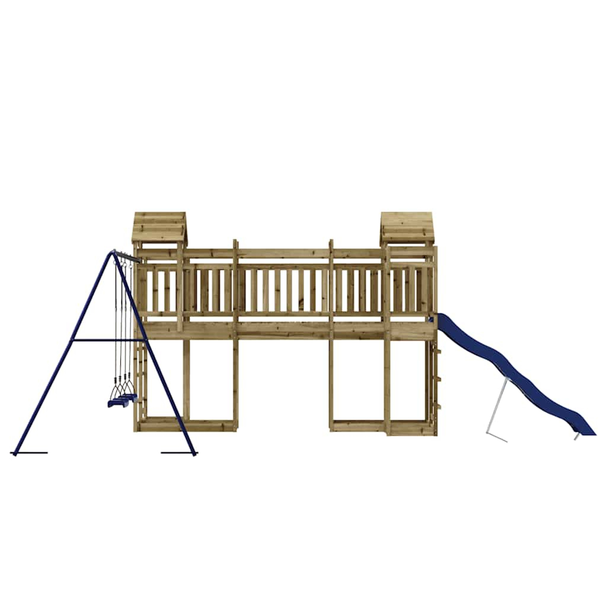 Holzspielturm mit Schaukel und Rutsche.