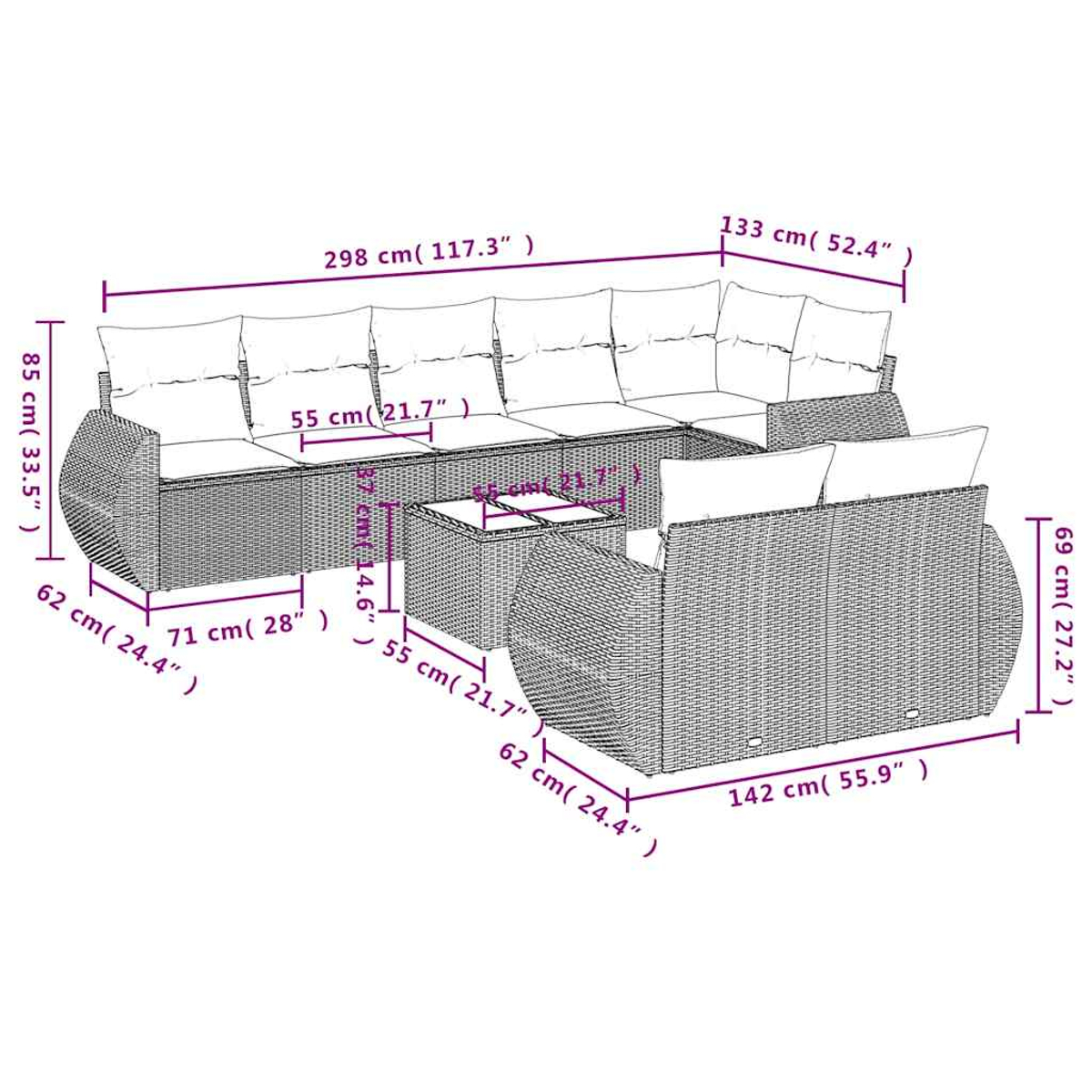 Rattan-Sofagarnitur mit Maßen: 298x85x62 cm, 142x69x62 cm, 71x37x55 cm, 55x37x55 cm.