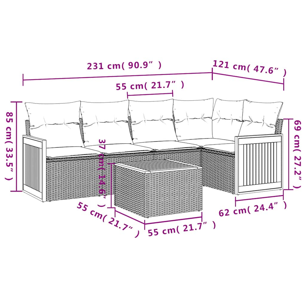 Ein Rattan-Sofa-Set mit Tisch, Maße sind angegeben.