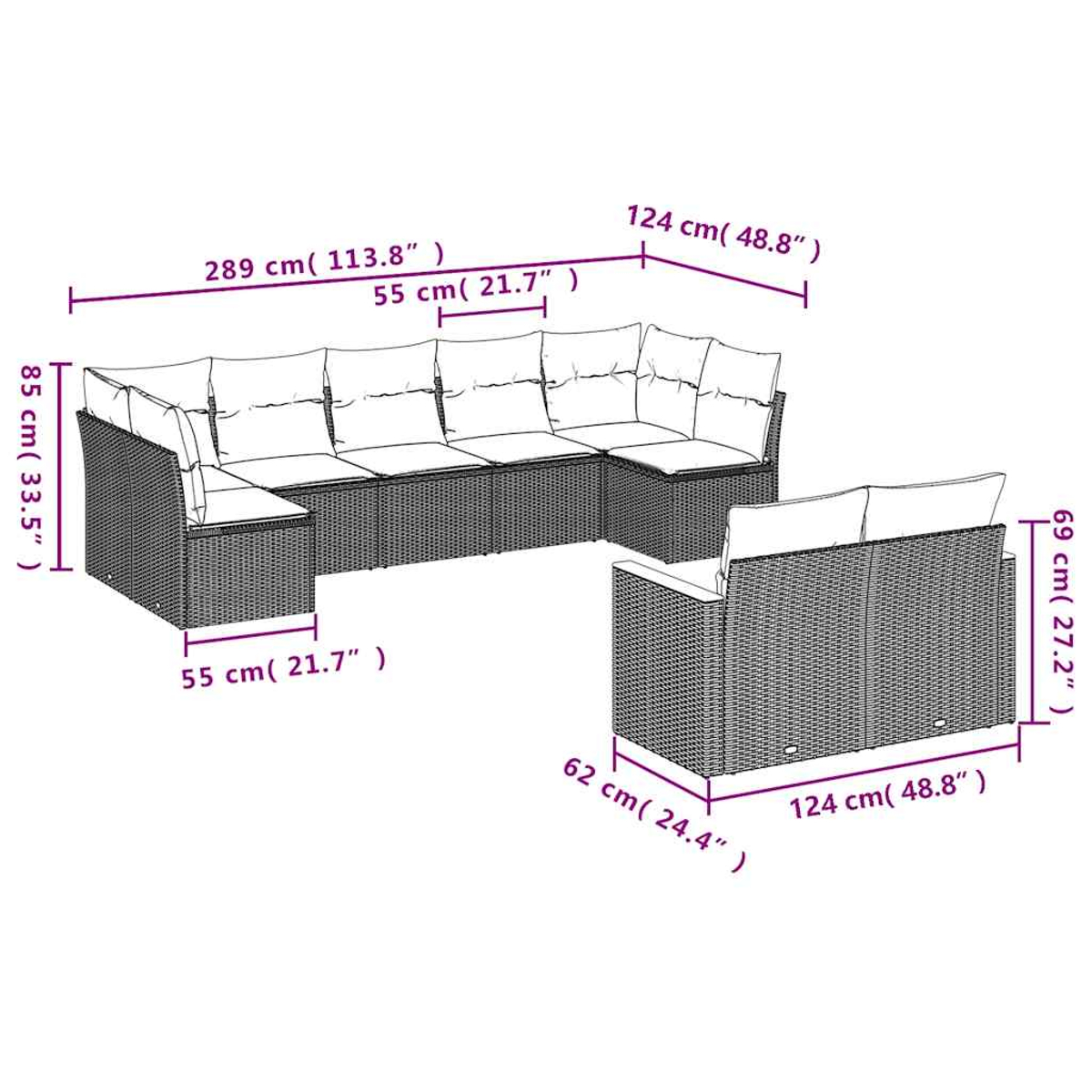 Ein modulares Outdoor-Möbelset mit grauen Kissen und dunklem Geflecht.