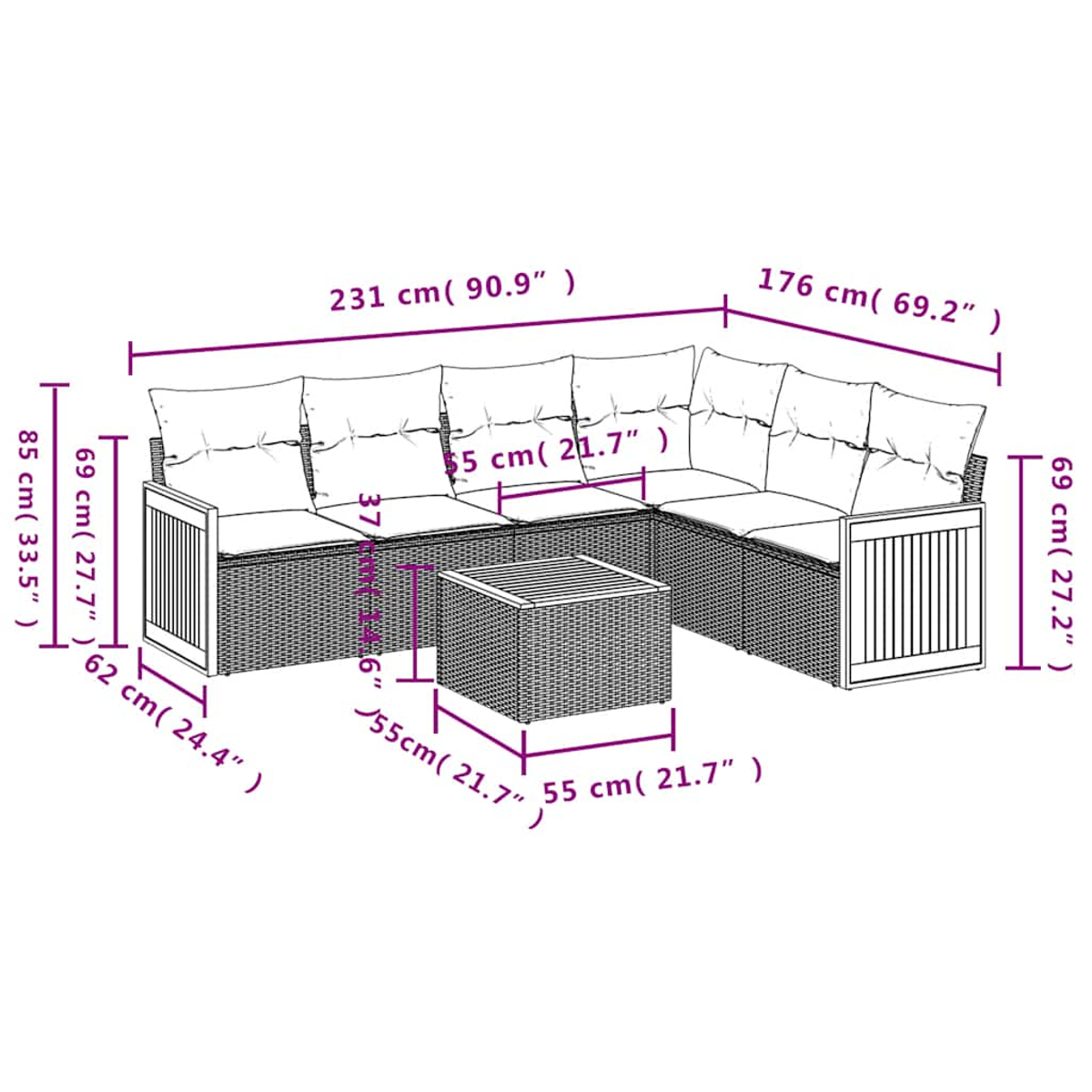 Ein modululares Gartensofa aus Rattan mit Kissen und einem Tisch, Maße sind angegeben.