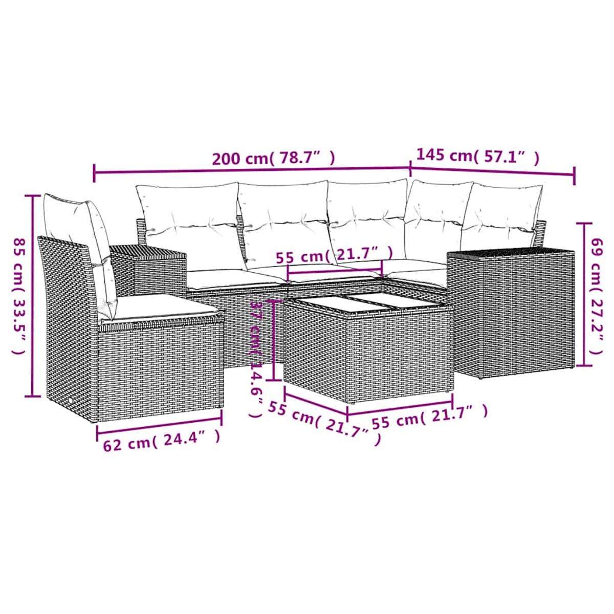 Geflochtenes Lounge-Set mit Kissen und Maßen.