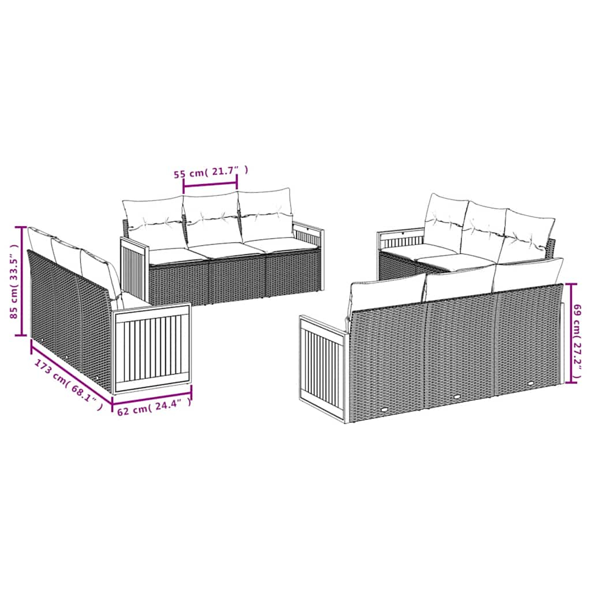Diagramm eines Rattansofa-Sets mit Abmessungen. Zwei Sofas und ein Eckstück.