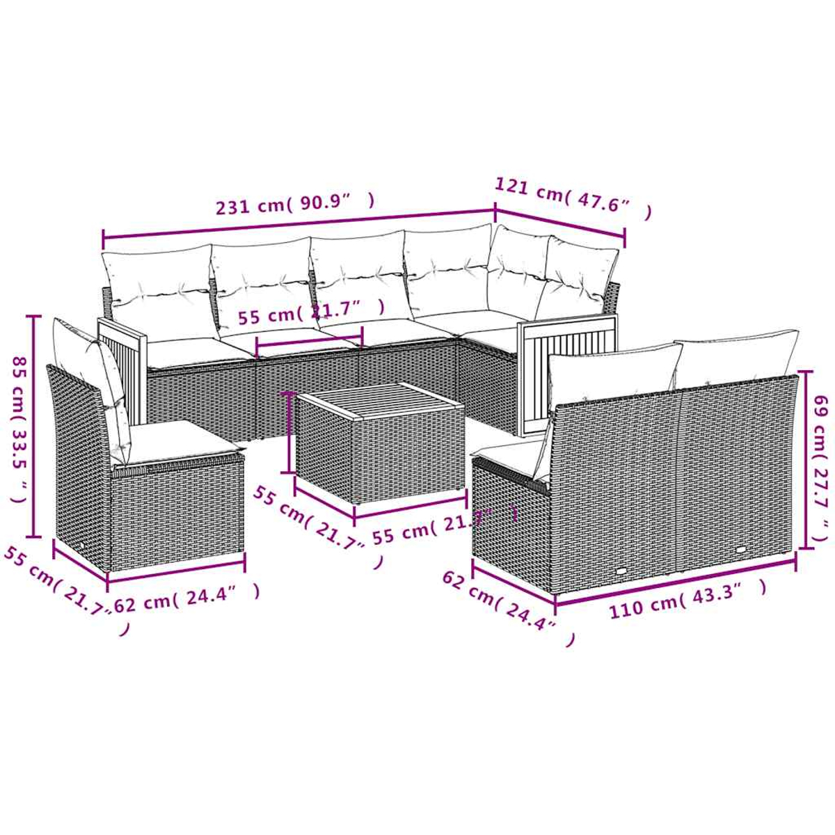 Geflochtenes Outdoor-Ecksofa mit weißen Kissen. Enthält Eck-, Armlehnen- und Armlehnenstücke sowie einen Couchtisch.
