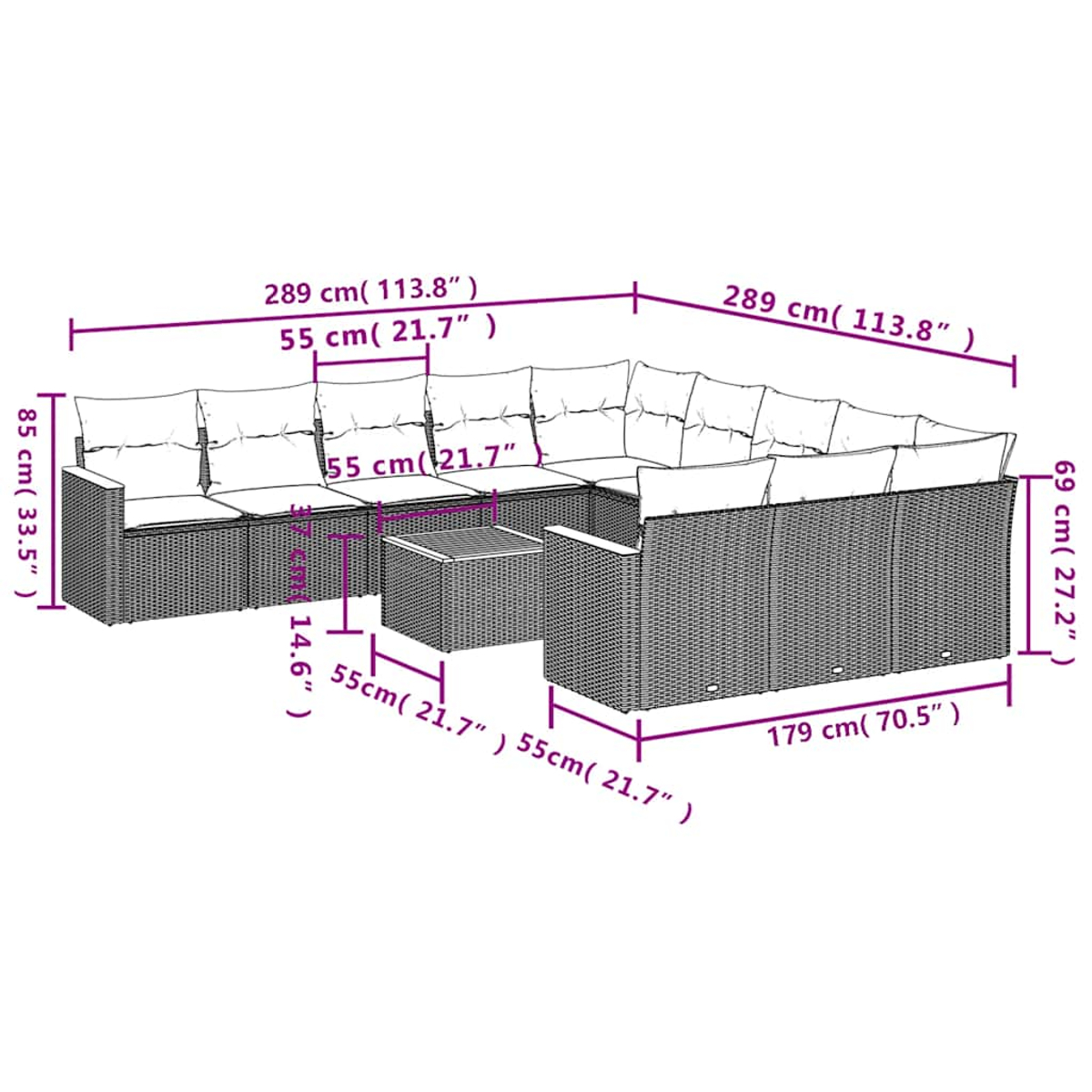 Conjunto de salón de mimbre con cojines y mesa, se muestran las dimensiones.