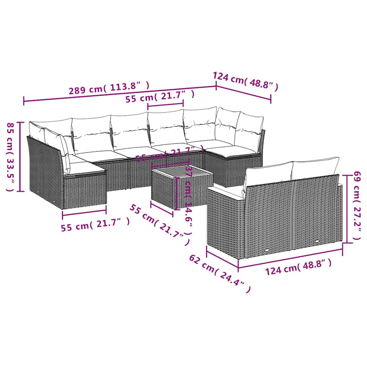 Conjunto de muebles de exterior de mimbre con cojines y mesa, se muestran dimensiones.